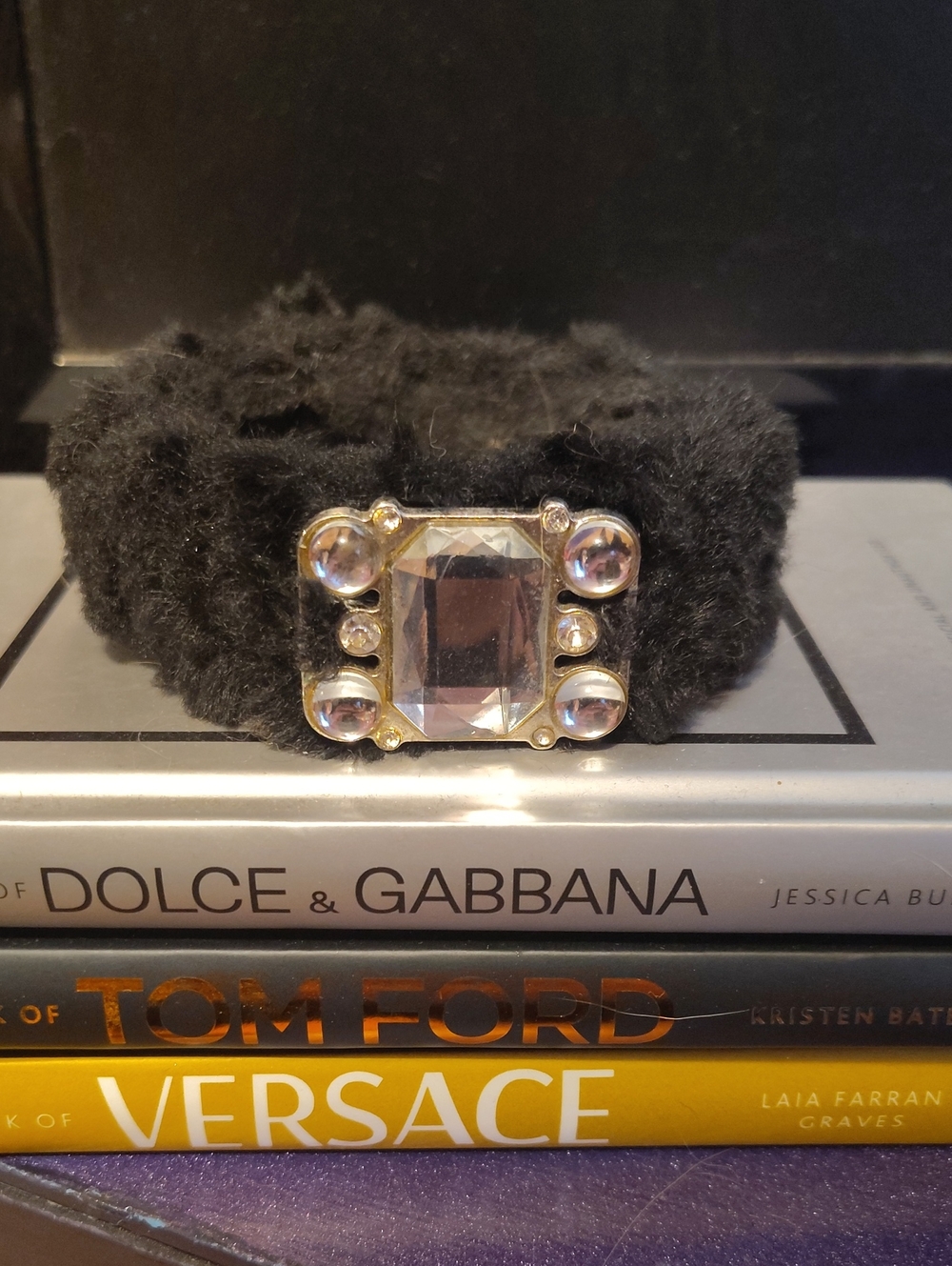 Black Faux-Fur Bracelet with Crystal Accent